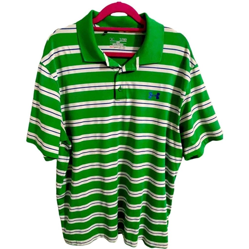 Under Armour Polo Shirt Men's XL Green and White Striped Golf Top
